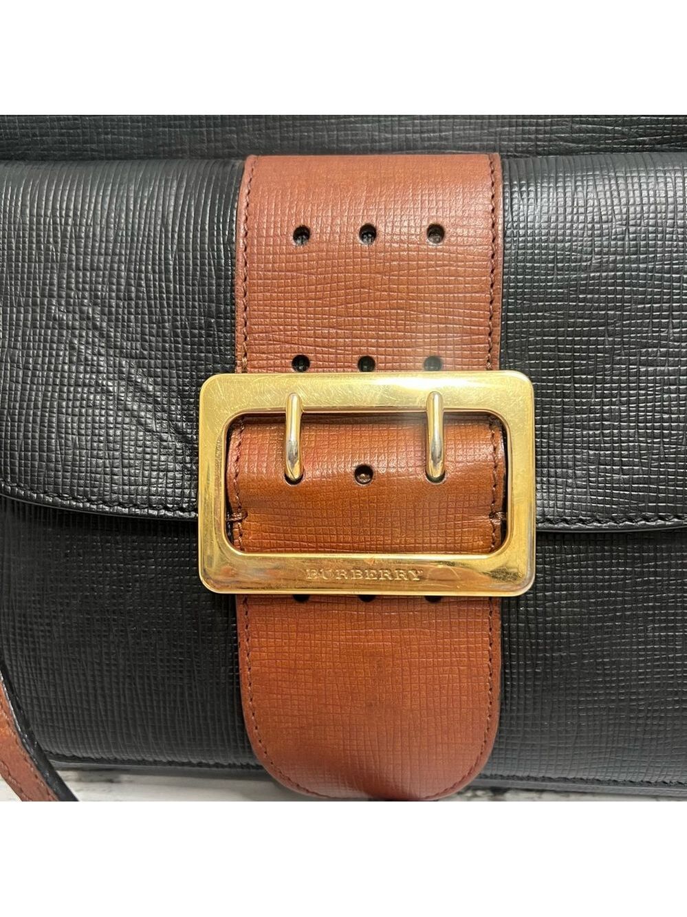 Burberry Vintage Black Leather Crossbody Bag with Brown Buckle Strap Designer - Picture 2 of 10